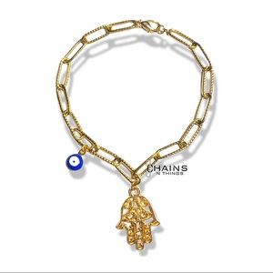 Hand & Blue Eye Bracelet paperclip gold plate chain 6.5" Stainless steel fashion